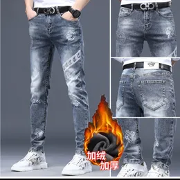 2023 Мужские зимние джинсы с добавлением шерсти, утепленные брюки высокого качества, тонкие винтажные синие джинсы в стиле хип-хоп, уличная одежда, мужские джинсовые брюки 240124