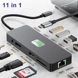 11/10/8에서 1 도킹 스테이션 USB 유형 C 허브 USB3.0 MST DP HDTV 4K 60HZ VGA 1000M RJ45 확장 PD100W 도크 농축기