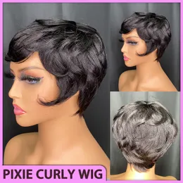 New Style Malaysian Peruvian Indian Brazilian Wine Grey 100% Raw Virgin Remy Human Hair Natural Black Pixie Curly Regular Short Bang Wig