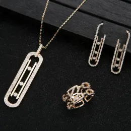 Rings Geometry Link Stackable Pendant Necklace Earring Ring Set Beautiful Full Cubic Zircon Charm Women Jewelry Gift E9361