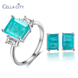 Halsband Cellacity Luxury 925 Sterling Silver Jewelry for Women Ring Earring Set Geometry Gemstone 10*14mm 5*7mm Artificial Topaz Zircon