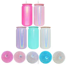 16oz Glitter Sublimation Glass Cups With Diamond Lids Shimmer Rainbow Mason Tumbler Juice Jar Iced Beverage Drinking Beer Soda Can Glasses Cup Coffee Mugs With Straw