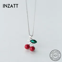 Halsband Inzatt Trendy Real 925 Sterling Silver Pendant Halsband Green Crystal Red Cherry Box Metal Chain for Women Gift