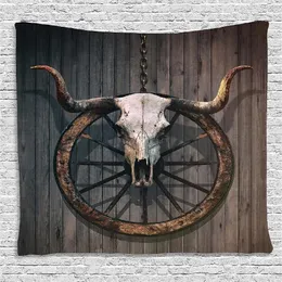 Tapeçarias Longhorn Crânio Tapeçaria Pendurado Quarto Decoração Hippie Old West Wagon Wheel Antigo