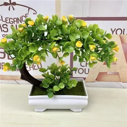 Plantas verdes artificiais bonsai flores falsas de plástico pequeno vaso de árvore ornamentos em vaso para mesa de casa decoração de jardim 528411272b