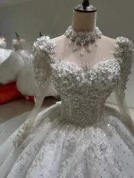 Princess necklace Ball Gown Wedding Dresses 2024 bling Long Sleeves Arabic Dubai Bridal Gowns With crystals Lace Appliques Beaded pearls tulle White Robe De Mariee