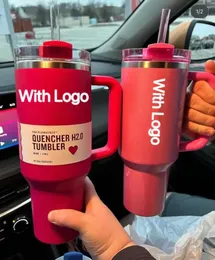 US STOCK Cosmic Pink Original Logo 40oz Mug Glass Mug Glass with Handle Insulated Tumbler Lid Straw Stainless Steel Coffee Termos Cup H2.0 Stainless Steel Mug Bottle