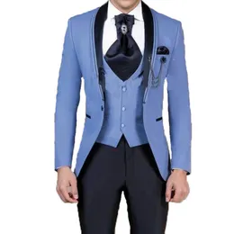 Arrivo Smoking dello sposo blu Groomsmen Scialle Risvolto Un bottone Abiti da uomo Uomo Blazer Tre pezzi Giacca Pantaloni Gilet 240123