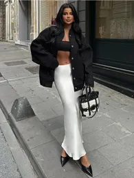 Tossy branco cetim cintura alta saia longa feminino elegante fino retalhos moda streetwear senhoras sólido outono casual maxi 24030