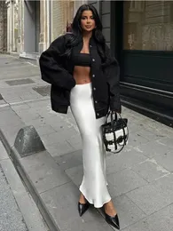 Tossy vit satin hög midja lång kjol kvinnlig elegant smal lapptäcke mode streetwear damer fasta hösten casual maxi 24030