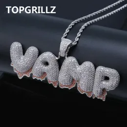 قلادة Topgrillz اسم مخصص أحرف فقاعة الدم ذات التنقيط الأحمر قلادة قلادة مجوهرات للرجال الهيب هوب مع سلسلة تنس 4 مم تنس للهدايا