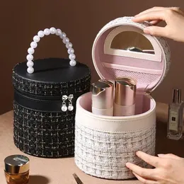 Storage Boxes Round Makeup Bag Large Capacity Bucket With Mirror Waterproof Organizer Travel Cosmetic Bags