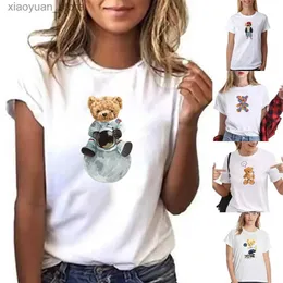 Damska koszulka Summer Summer Short Sleeve Cute Bear Printed T-shirt Women 2023 Lose Casual O Neck Tees Top Sports Sports Doschwalny koszulka 240130