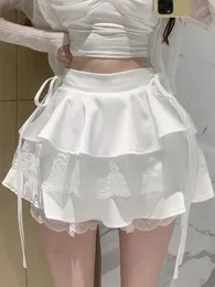 Kawaii White Ruffle 미니 치마 여성 여름 높이 허리 붕대 요정 레이스 Doublelayer 한국 패션 귀여운 섹시 스커트 24030
