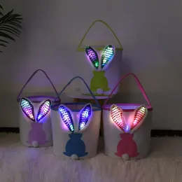 LED Flashing Light Sequin Bunny Easter Handbag Rabbit Egg Basket Hunt Bags Canvas Cotton Bucket Tote with Fluffy Tail fo
