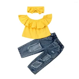 Giyim Setleri 1-6y Moda Çocuklar Bebek Kız Yaz Kıyafetleri Omuz Kapalı Üstler Denim Delik Pantolon Kafa Bandı 3 PCS Kıyafet