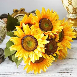 Bröllop 13 huvuden Fake Sunflower Party Autumn Artificial Flowers Bouquet European Style With Leaves Home Decor tyg Garden237C