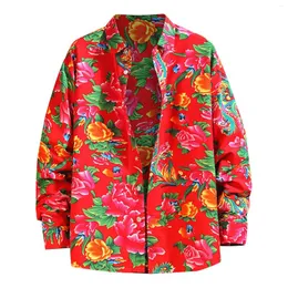 Camisas casuais masculinas boho vintage floral impressão para homens étnico lapela botão de manga solitária blusas retro conforto streetwear ropa hombre