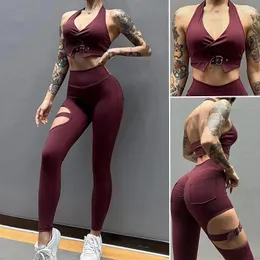 Conjuntos ativos 2024 1/2pcs Pad Mulheres Crop Buckle Bra Leggings Yoga Set Scrunch Workout Pant Fitness Gym Sports Squat Proof Legging Outfit Suits