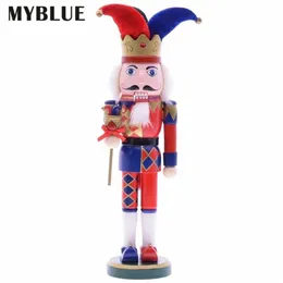 MYBLUE 37cm Vintage Wooden Clown Sculpture Statue Nutcracker Figurine Christmas Doll Ornaments Home Room Decoration Accessories 20225V