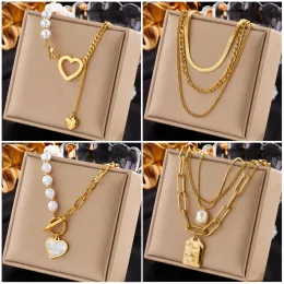 14k Yellow Gold Heart Pearl Pendant Necklace For Women Punk Street Neck Jewelry Party Gift