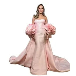 Pink Mermaid Long Evening Dresses Sweetheart Handcrafted Flowers Cape Celebrity Dress 2 Pieces Satin Womens Special Occasion Gown