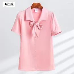 Women's Blouses NAVIU Satin Female Summer Arrive Bow Loose Outer Wear Short Sleeve Shirt Pink White