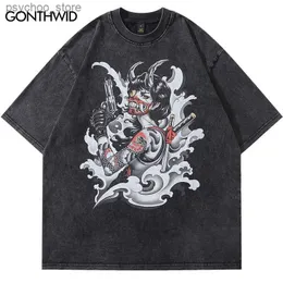 Homens camisetas Harajuku Streetwear T-shirt Y2K Hip Hop Japonês Samurai Gráfico Impressão Oversized Lavado Camiseta Moda Verão Solto Casual Top Q240130
