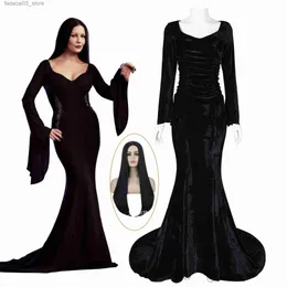 Tema Traje Disfraz de Cosplay de Morticia para mujer peluca negra Sexy ajustado vestido de noche de fiesta para Halloween y Carnaval Cos Q240130