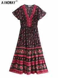 فساتين أساسية غير رسمية للأزياء الرجعية للسيدات متعدد الأزهار المطبوعة الشاطئ البوهيمي Rayon Maxi Dress Women’s V-Deact Button Buhemian Reted Robe Stest J240130