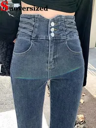 Sıska yüksek bel kot pantolon kadınlar vintage streç vaqueros pantalonlar gündelik fahion düğmesi sinek denim spodnie 240123