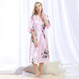 Mulheres sleepwear mulheres verão sexy cetim roupão de seda plus size quimono nightwear floral impressão homewear feminino longo banho robe vestido