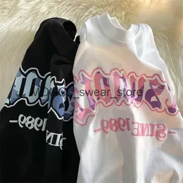 Męskie koszulki amerykański styl retro pięć spiczasty gwiazda litera drukowana luźna koszulka dla mężczyzn i kobiet letni trend modowy para streetwear top H240408