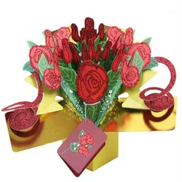 3D Rose Greeting Card 3D Pop -Up Glitter Rose Message Karta na Walentynki Creative Gift1245L