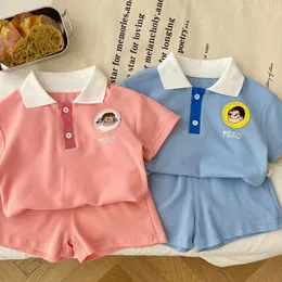 Clothing Sets Children Boy Girl Summer Clothes Set Short Sleeve Turn Down Collar Cartoon Shirt Tops Solid 2PCS Brother Sister Match Suit