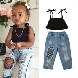 Set di abbigliamento Estate Bambino Bambini Neonate Vestiti Tinta unita Top senza maniche Foro Jeans a rete Pantaloni Abiti 1-6 anni