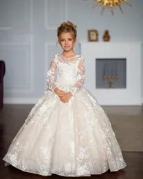 Flower Girls Abiti adorabili per matrimoni a maniche lunghe Appliques in pizzo in pizzo 3D Floral Princess Kids Birthday Girl Gowns Sweep Trein Light