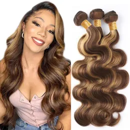 Brasiliansk kroppsvåg Human Remy Virgin Hair Weaves P4/27 Highlight Color 100g/Bundle dubbel wefts 3bunds/Lot Full and Soft