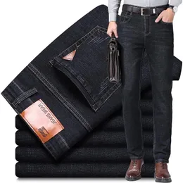 Calças de brim clássicas dos homens primavera e outono estiramento tubo reto solto encaixe negócios casual calças jeans preto azul 240125