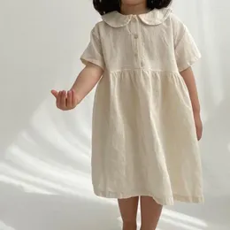 Kız Elbiseler Kızlar için Kızlar 2024 Çocuk Yaz Giysileri Bebek Kore Retro Küçük Yakası Sevimli Pamuk Kısa Kollu Elbise