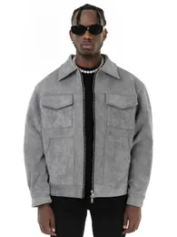 Vintage High Street Wildleder Material Crock Jacke mit Reißverschluss Revers Casual Short für Herren 240124