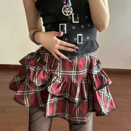 Coreano japonês doce roupas gótico punk saias y2k streetwear estética escura plissado vestido de baile xadrez listra mini saia 24030