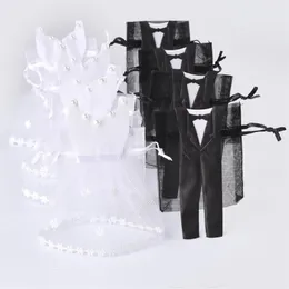 Ganze 50 Sets Organza-Süßigkeitsbeutel mit Kordelzug, 25 Smoking-Beutel, 25 Kleiderbraut-Bräutigam-Hochzeitsgeschenke, Party-Geschenkbeutel wb061261D