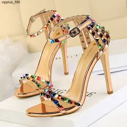 New Sexy Womens Shoes Slim Heels Ultra High Heels Open Toe Slotted Out Colorful Riveted High Heel Sanda Size 34-40