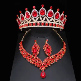 Halsketten Rotkristall Hochzeit Brautschmuck Sets für Frauen Mädchen Prinzessin Tiara/Kronohrring Halskette Festzug Prom Schmuckzubehör Accessoires