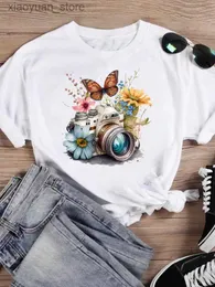Женская футболка с графическим рисунком, модная женская футболка с коротким рукавом и принтом, женская футболка с камерой, винтажная рубашка с цветочным рисунком, одежда, футболки 240130
