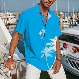 2023 Mens 셔츠 하와이 코코넛 다채로운 그래픽 프린트 블루 남성 해변 짧은 슬리브 버튼 티셔츠 S-5XL 여름 240130