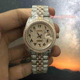 Erkekler Ice Diamond Saat Bi-Rose Gold Paslanmaz Çelik Pırlanta Kayışı İzle Arapça Dijital Ölçek Otomatik Mekanik Saatler276T