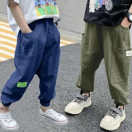 Byxor 2-12 år tonåringar baby pojkar byxor bomull hampa sommar tunn 2024 myggskydd koreansk version stilig lös casual