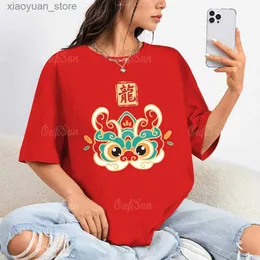 Kadın T-Shirt Yeni Yıl T-Shirt Kadınlar O Boyun Altakları Aslan Dans Deseni Top Büyük Boy Kısa Kollu T-Shirts Çinli Kadın Sokak Giyim 240130